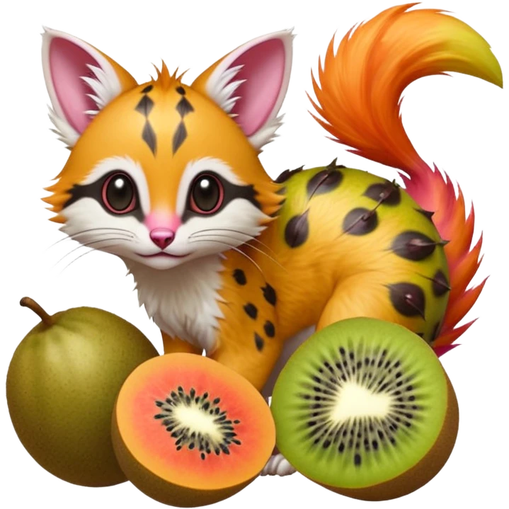 Hyper realistic  tropical fruit-splash fur of kiwi-lime, papaya-orange, and dragonfruit-pink chaos beautiful elegant pretty precious cute  Fakémon-Pokémon-opossum-feline-serval-caracal-chinchilla-Furret-Minccino-hybrid-creature with a big fluffy bushy tail (full body) emoji