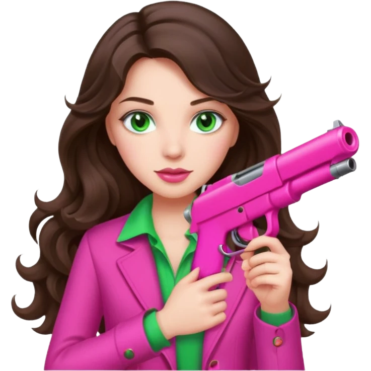brunette girl with long wavy hair and green holding a hot pink gun emoji