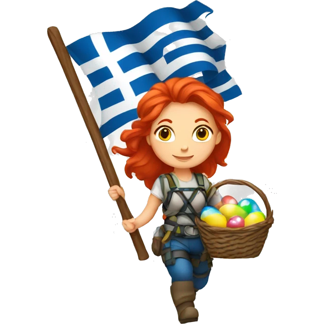 Female mountaineer red hair climbing with Greek flag and holding Easter eggs basket emoji