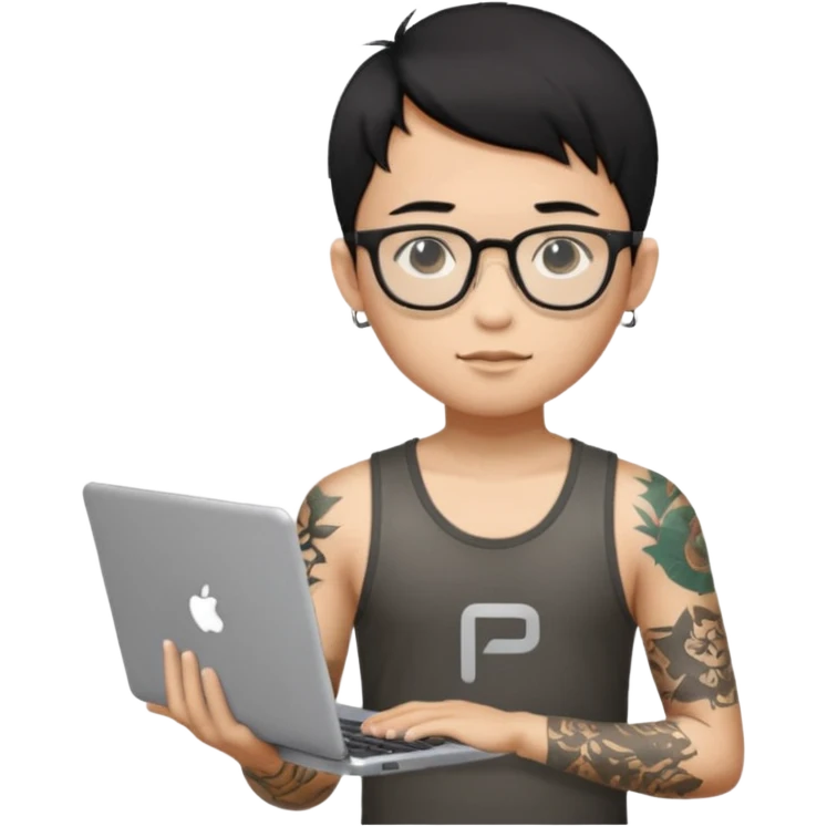 A young boy with A macbook laptop, black straight short hair, wearing glasses, wearing a tanktop, has tattoos, he is asian, no earrings, he's holding a laptop

Add the letters "P I F" floating around emoji
