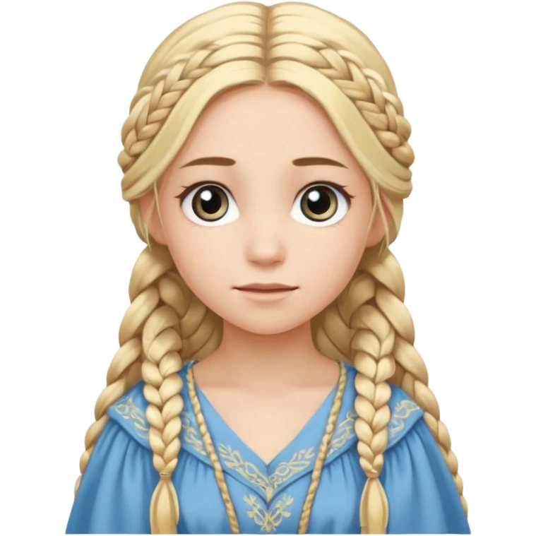 
mujer, Joven, de aspecto dulce y elegante.
Piel clara, ojos grandes y expresivos (pueden ser azules o verdes), sonrisa triste.
Rubio o castaño claro, largo, con trenzas o velo.
Vestido largo de tonos suaves (blanco, azul o lavanda), con bordados dorados; un manto o toca fina cubriendo la cabeza.
 emoji