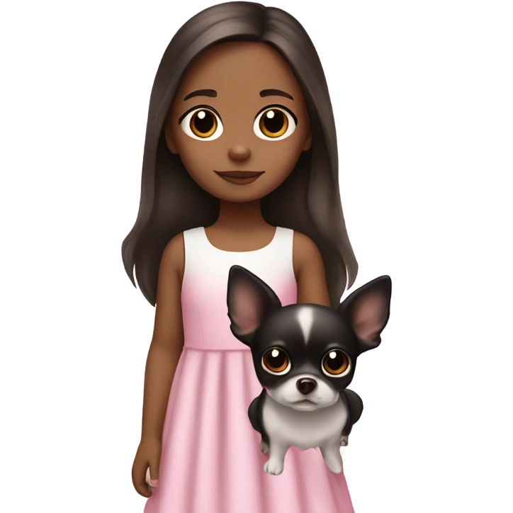 Little Girl with White skin, black eyes. Long brown hair with. She is wearing a pink and White dress, standing and holding on to a Chihuahua black emoji