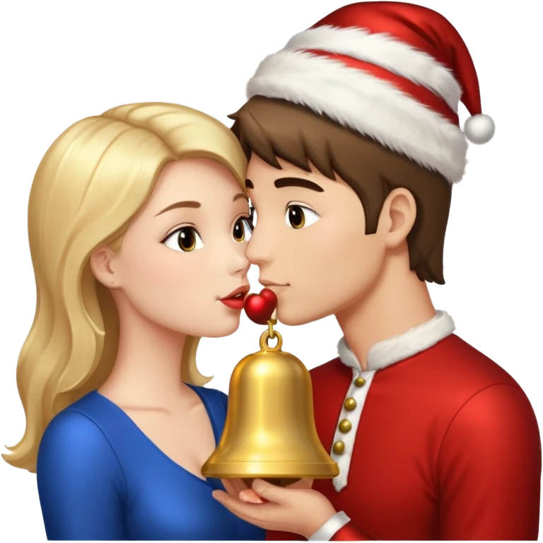 a handsome man and a pretty woman kiss Christmas bell emoji