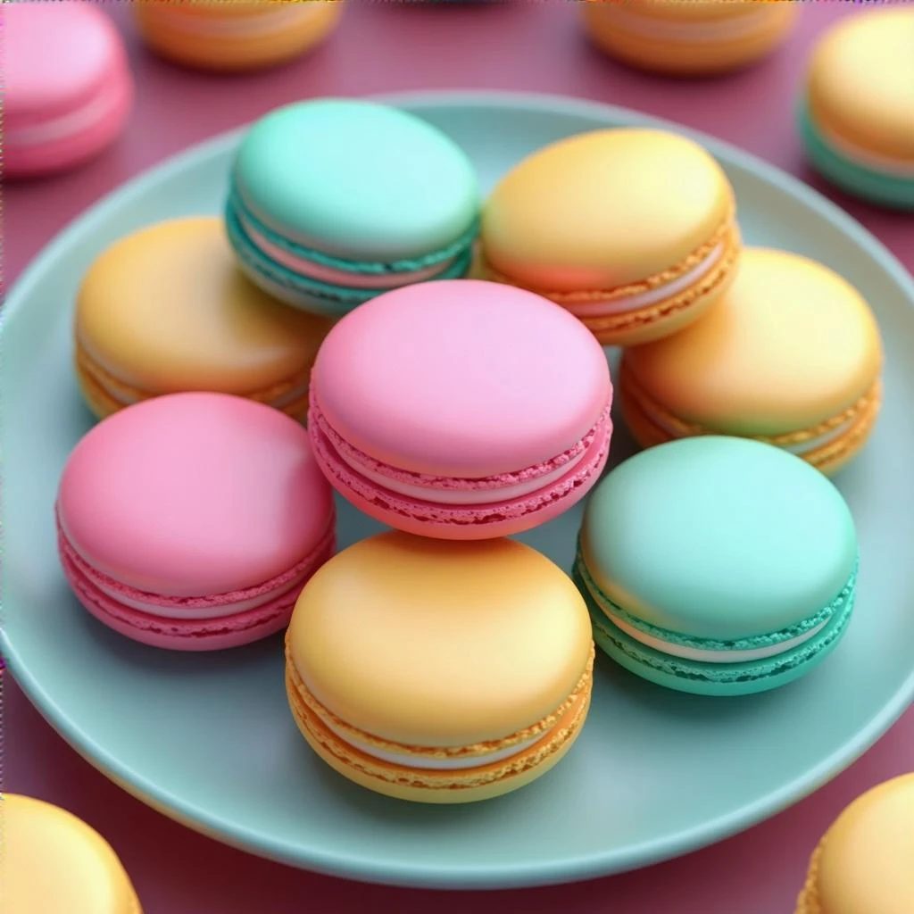 3D model of colorful macarons arranged on a plate, smooth realistic textures, vibrant pastel colors, matching reference image, iOS 18 Hi Dream Dev style emoji