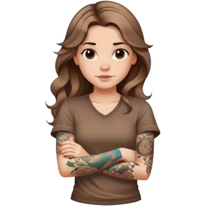 A girl with fair skin, long wavy hair, tattoos on her arms, wearing a brown short-sleeved shirt emoji