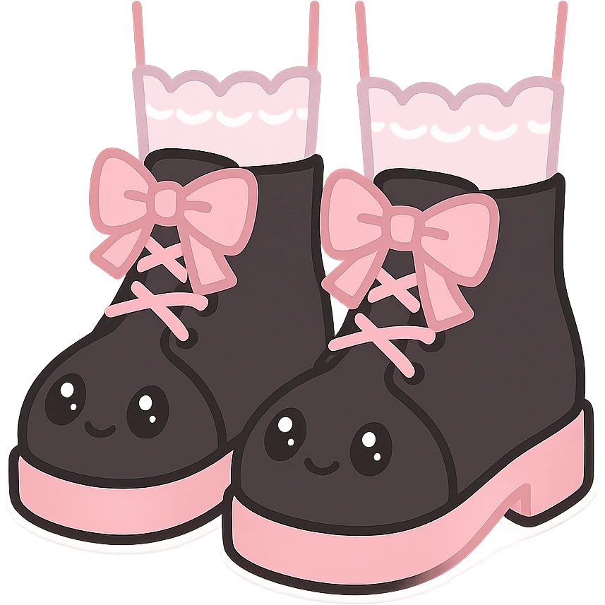 BLACKPINK-inspired gothic shoes, no hearts, black and pink, cute and stylish, kawaii style, lace-up ankle boots with ribbons, pastel lace socks emoji
