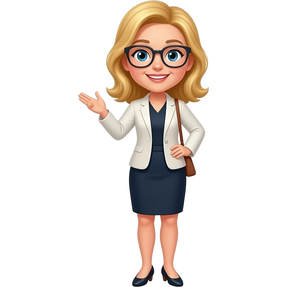 crear con cuerpo entero tipo maestra con lentes mujer con cabello rubio risado al hombro emoji