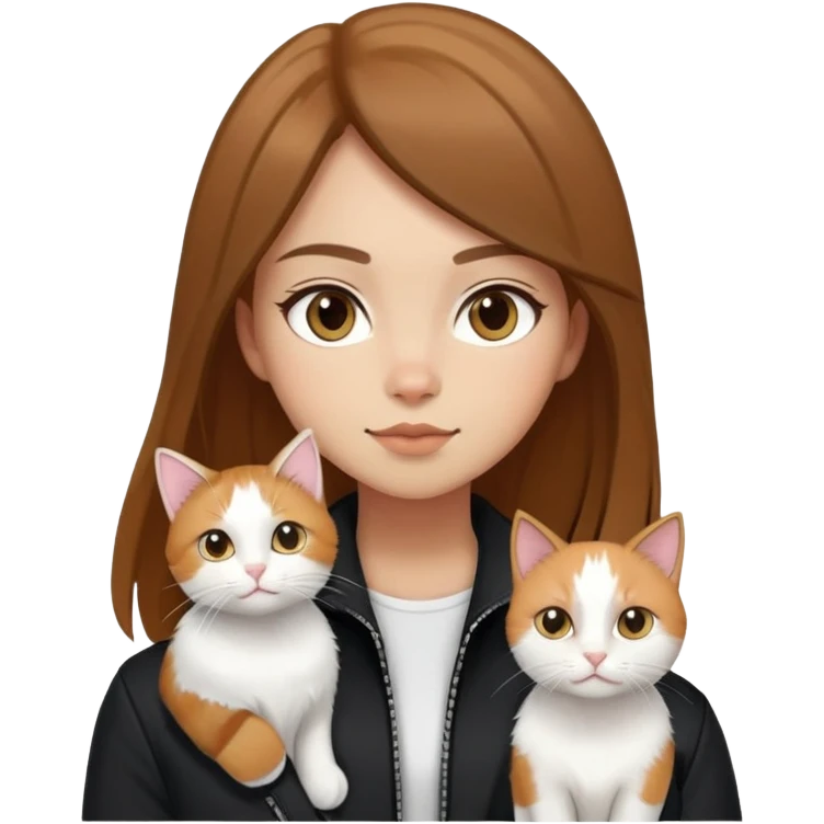 Light-skinned girl with brown straight hair wearing a black jacket, along with one pure white cat and one calico cat emoji