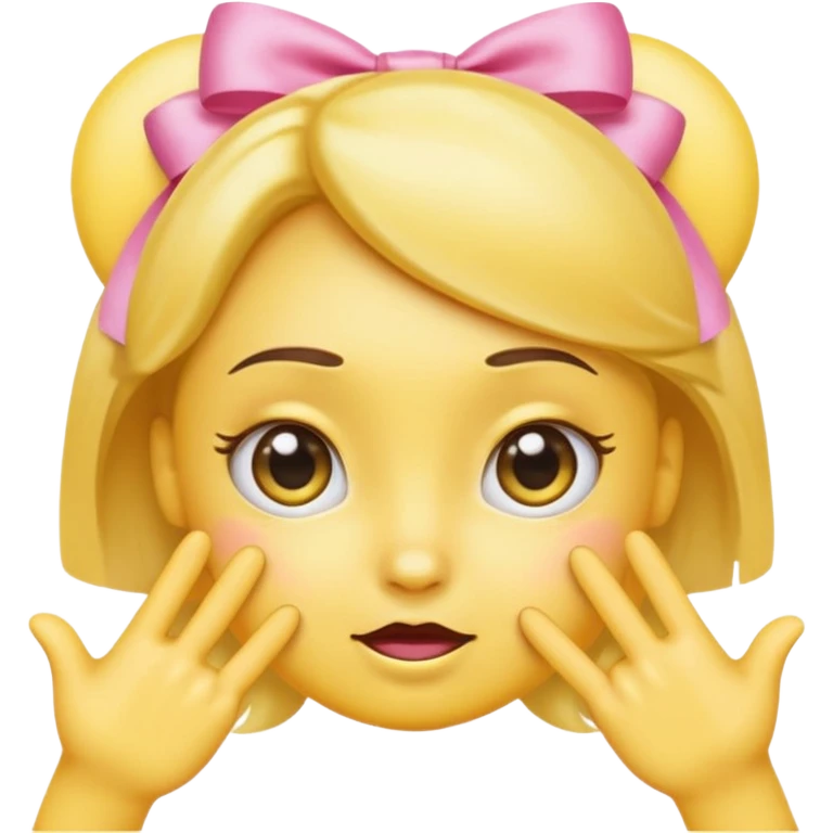 Cute yellow emoji face with big pleading shiny eyes, raised curved eyebrows, small shy smile, and both hands pointing index fingers toward each other. Add two small pink satin bows on top corners of the head. iOS-style, smooth digital look emoji