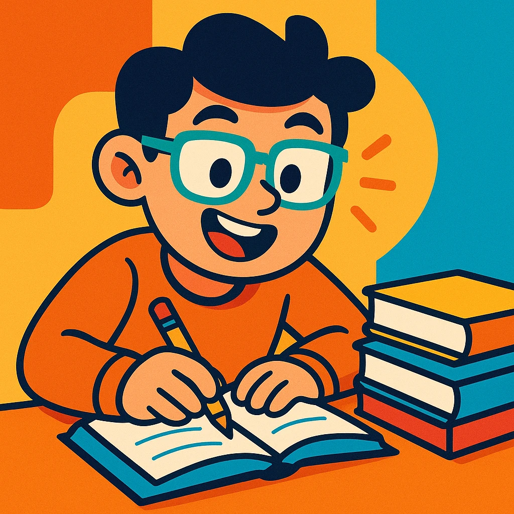 student studying, cartoon style, lively expression, pencil and books emoji