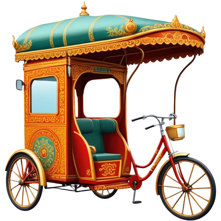 Cyclo rickshaw – Cinematic Realistic Cyclo Rickshaw, depicted as a charming, ornately painted three-wheeled cycle taxi with vintage detailing, set on bustling city streets under dynamic urban lighting that evokes cultural heritage and nostalgic charm. emoji