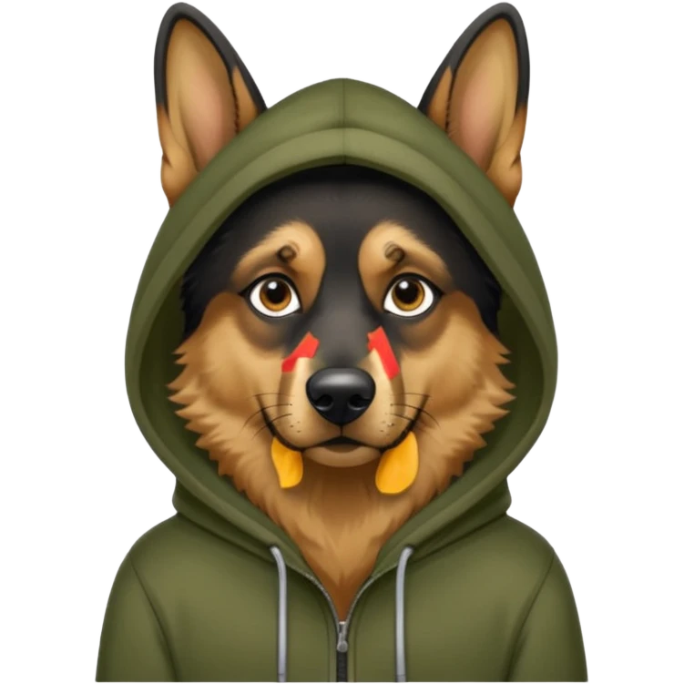 German shepherd dog wearing army green hoodie emoji