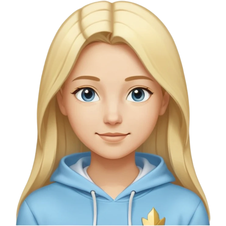 Woman with blonde straight hair and side part, serene smile, dreamy eyes, wearing a light blue fantasy-sporty hoodie with golden and white details emoji