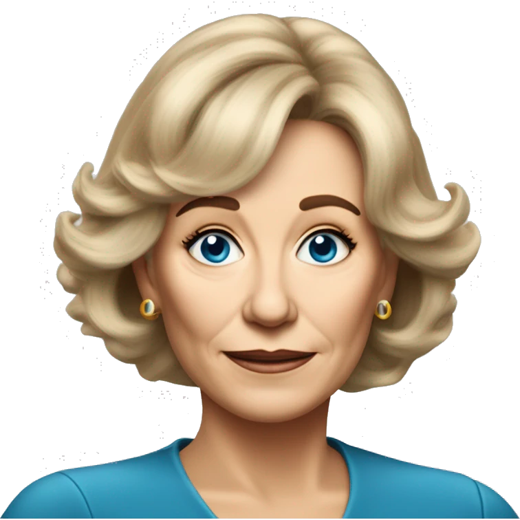 Medium length Dirty blonde poofy hair with bangs all across forehead and sides swept away from face business woman of 60 years old with blue eyes  emoji
