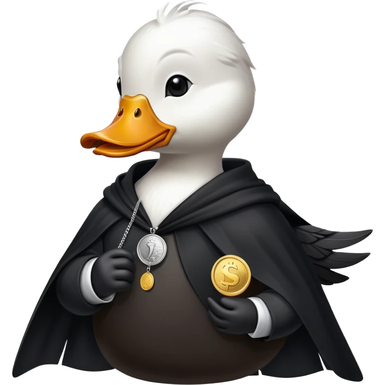 A cool duck wearing a black cloak with a silver coin in its wing emoji