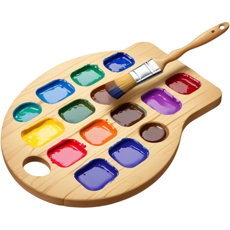 Cinematic Realistic image of a vibrant paint palette and brush, featuring a wooden palette smeared with an array of richly blended colors and a finely detailed brush with soft, delicate bristles, set against a softly textured background that evokes artistic inspiration emoji