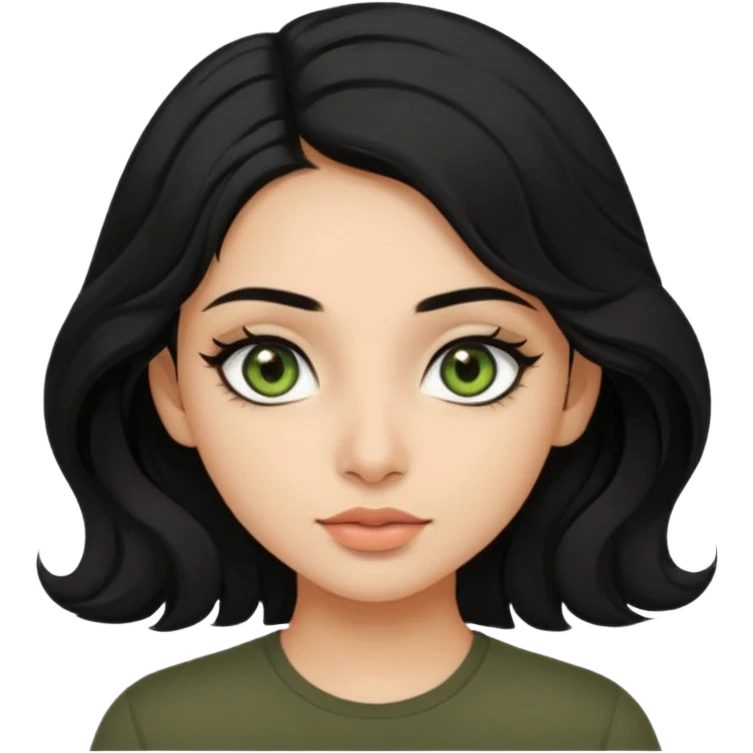 a pretty FAIR indian bratz girl with wavy black hair, wearing a black tee. eyeliner on, olive green eyes.  emoji