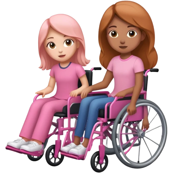 One peach skin sister pushing her light brown skin sister in a pink wheelchair emoji