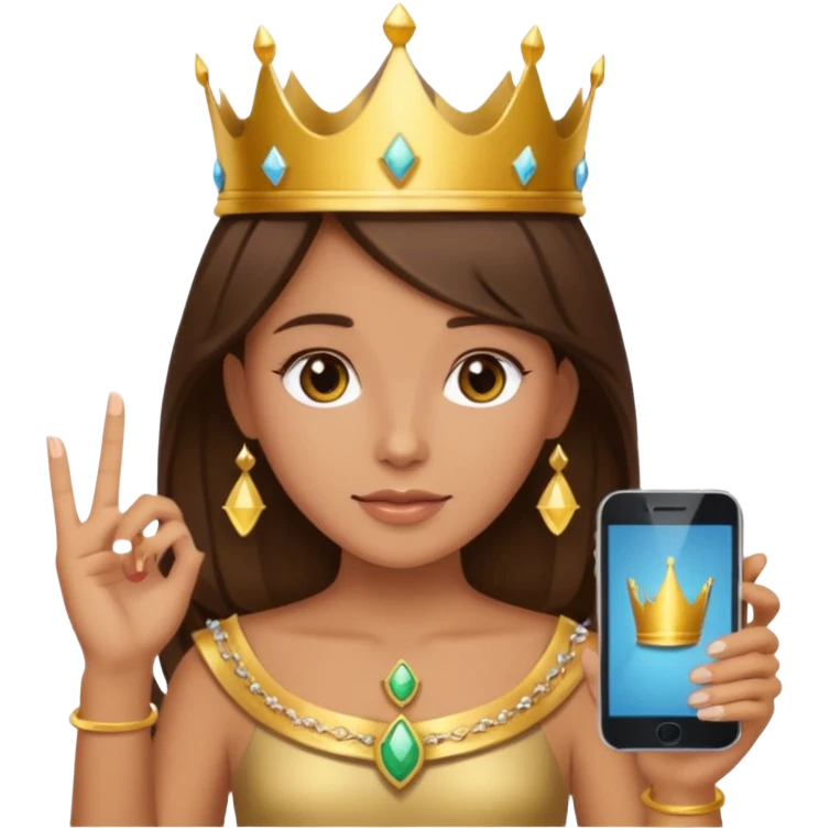 Tan girl brunette hair with a crown on holding phone emoji
