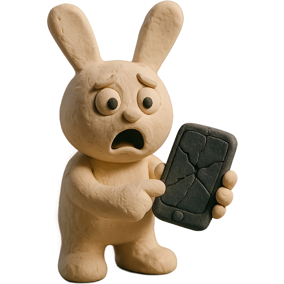 white bunny holding cracked phone with shocked face, claymation style emoji