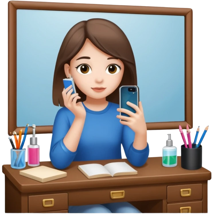 Girl sitting at vanity taking out picture with iphone 15 plus and study materials on the vanity emoji