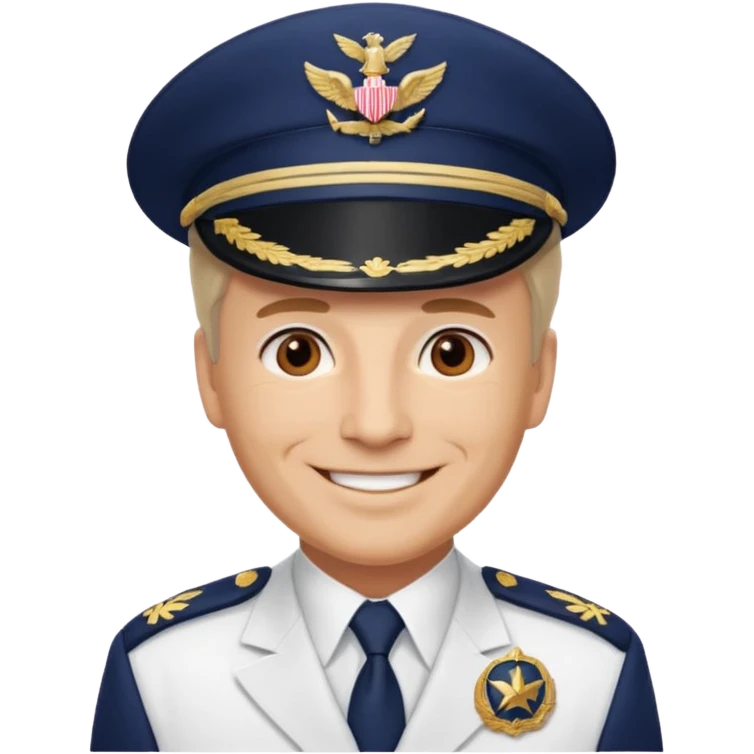 A light-skinned mid-aged man with brown eyes, smiling while wearing a white captain’s hat with a navy emblem. emoji