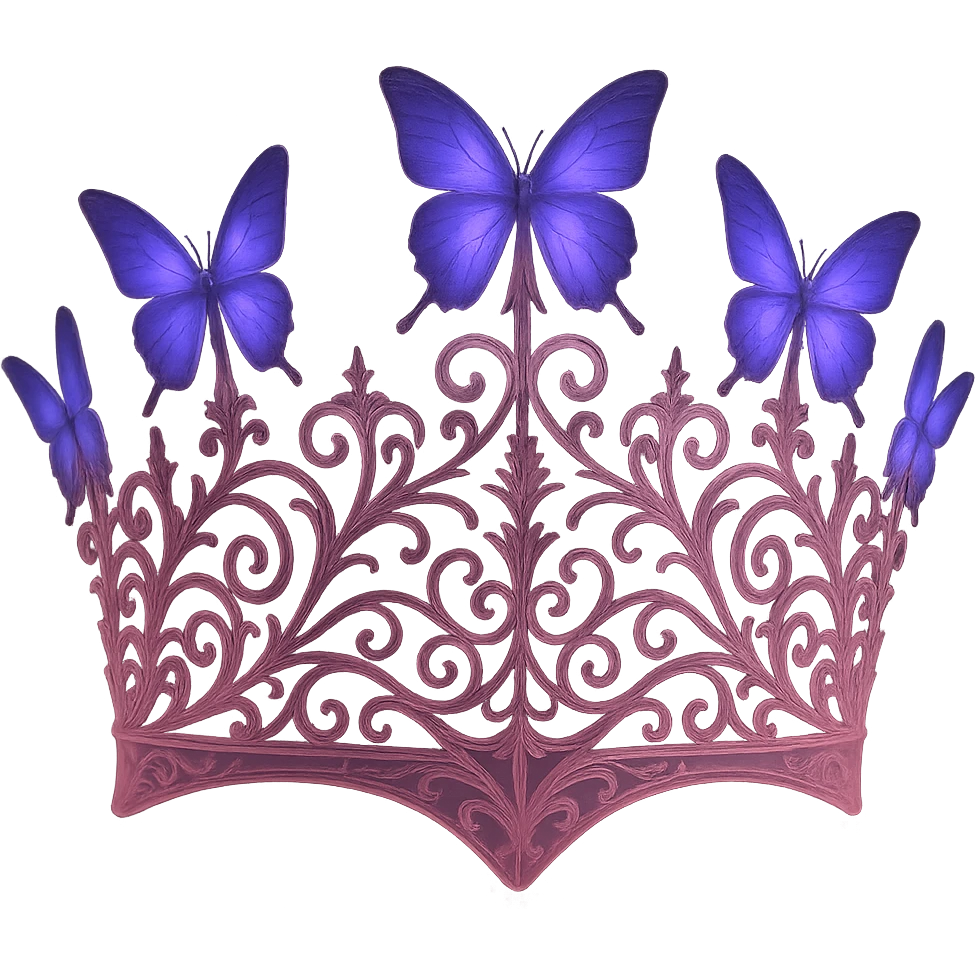 Mysterious and elegant butterfly crown, darker matte pink with purple butterflies, gothic filigree, transparent background. emoji