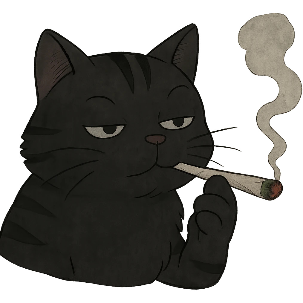 Make the cat black and make the joint clearly look like it contains weed, with a green leafy tip and a burning end, keep the background transparent. The style should be preserved as in the original image. emoji