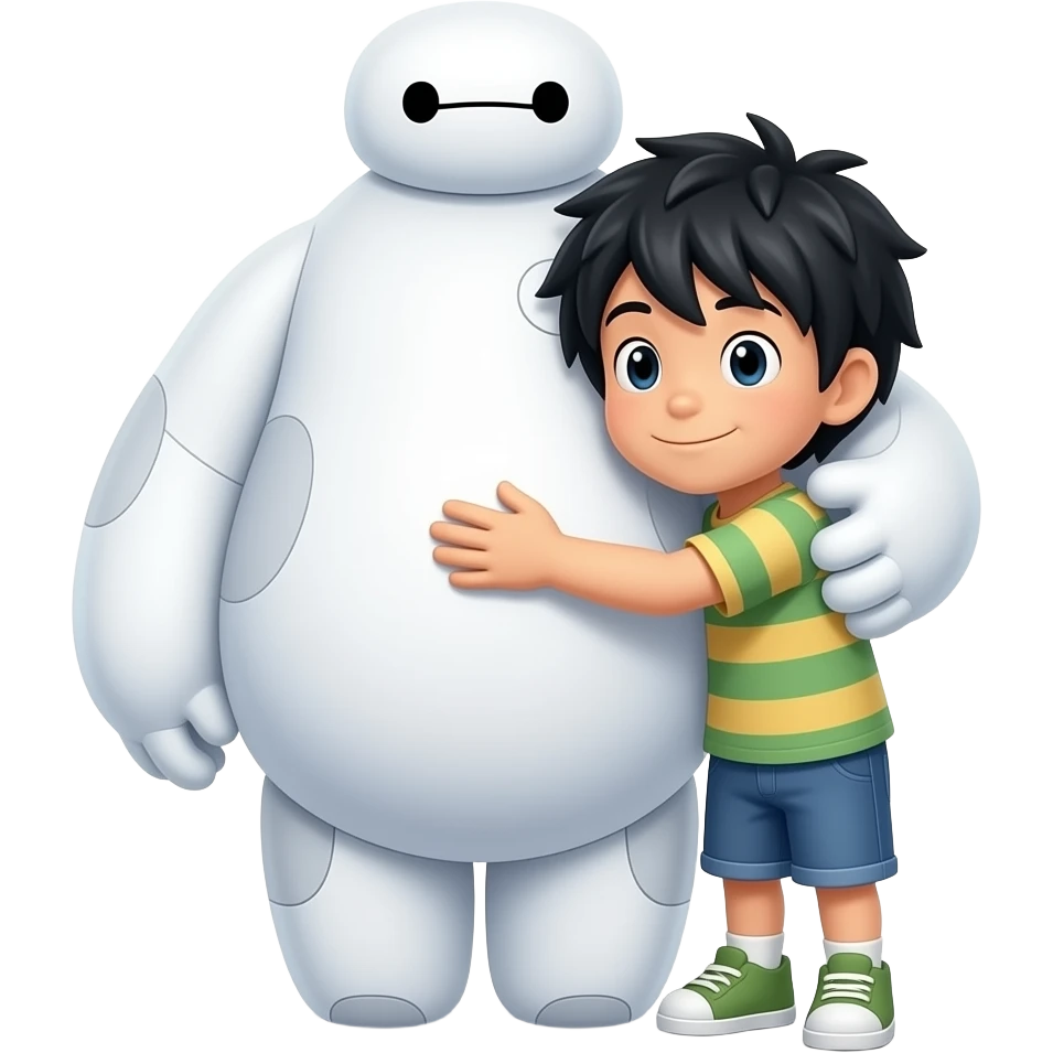 Baymax hugging Hiro Hamada of Big Hero 6, make Hiro smaller height than Baymax emoji