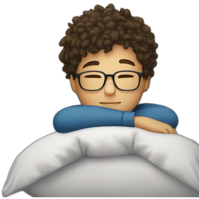 A boy with glasses hugging a pillow on the bed emoji