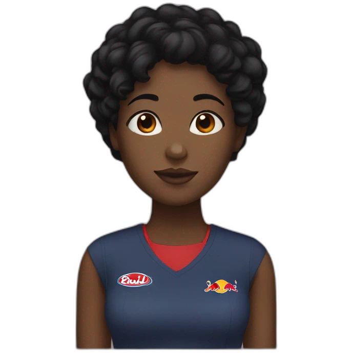 A black girl, brown eyes, short black hair with a red bull can emoji