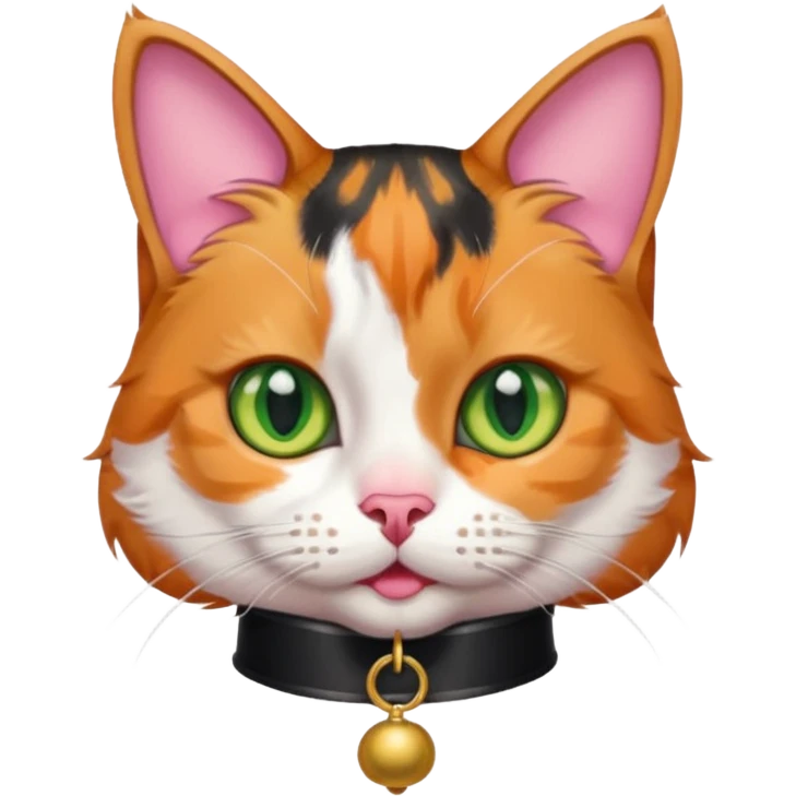 Cute calico tabby cat with green eyes, pink nose, and bold orange-white-brown fur. Wears a black collar with a bell. Expressive and sassy. emoji