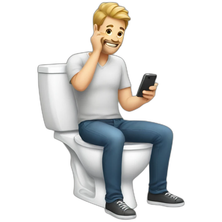 Man sitting on toilet with phone emoji