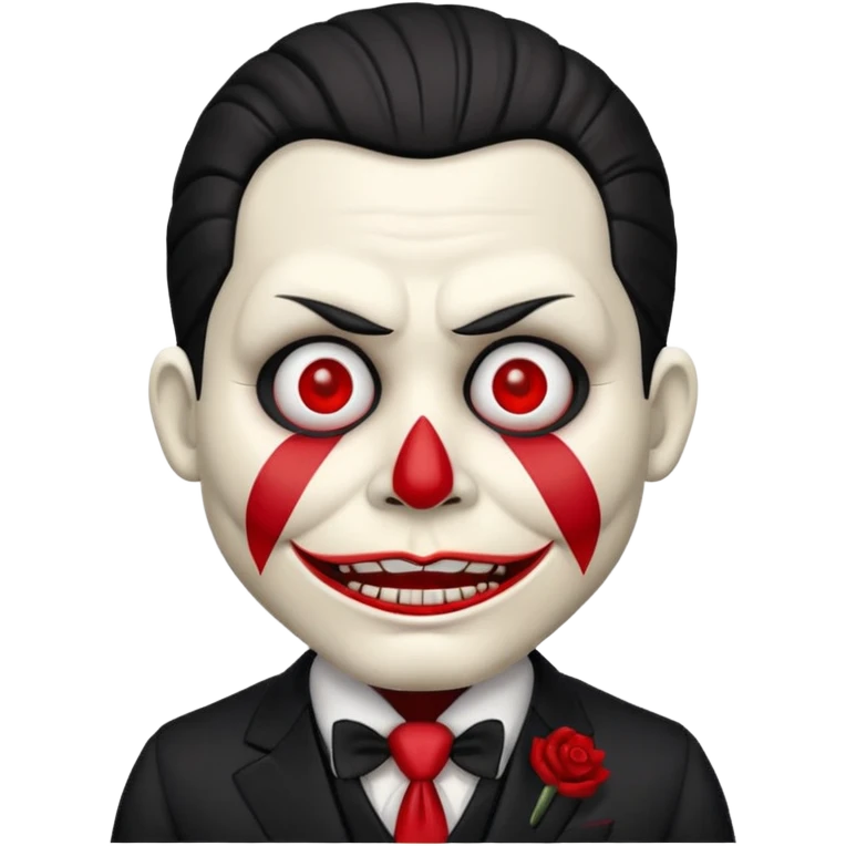 Billy the puppet from Saw, emoji style, menacing expression, white face, red lips, black suit emoji