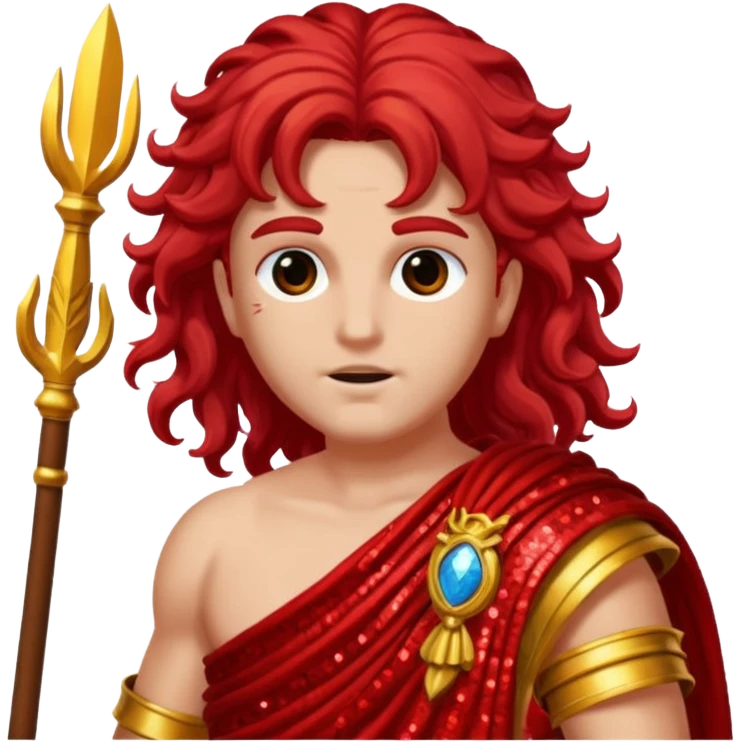 Mars from Roman Deities with long red wavy hair, red sequin toga emoji