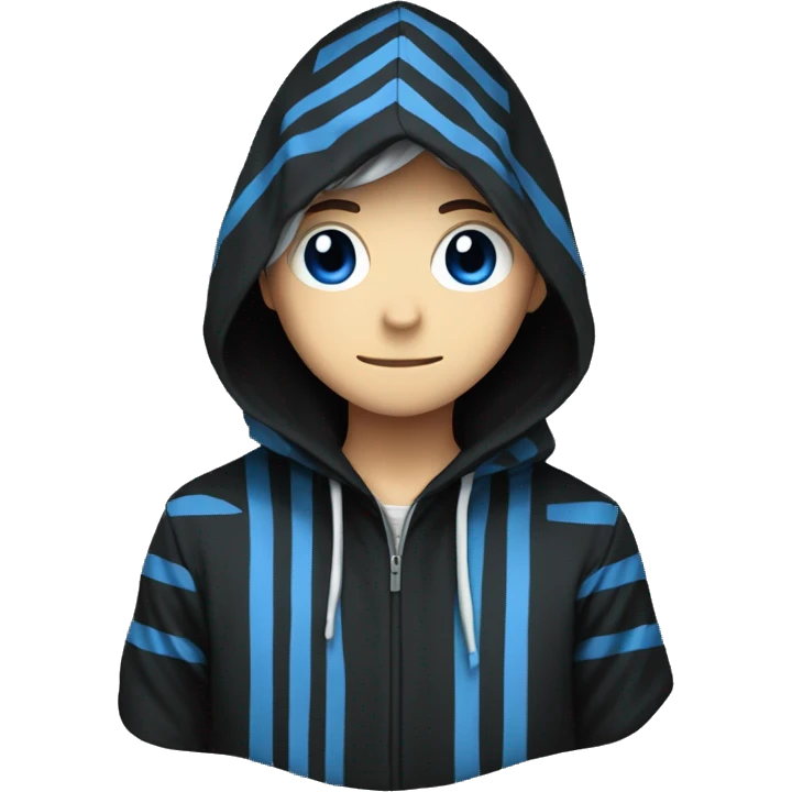 Make an anime with a person with a hood which is black and has some blue stripes and the same pattern for the cloths emoji