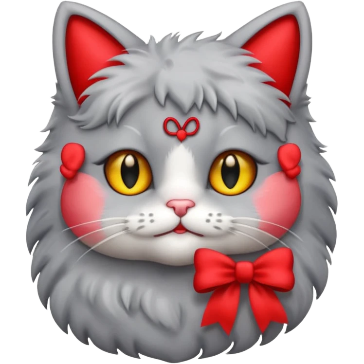 Fluffy grey kitty with a red bow emoji
