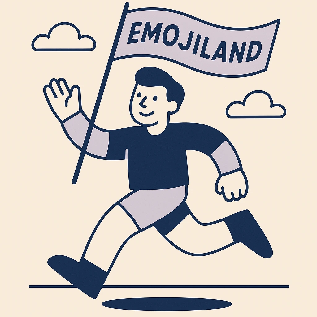 happy runner waving a flag that says 'emojiland' emoji