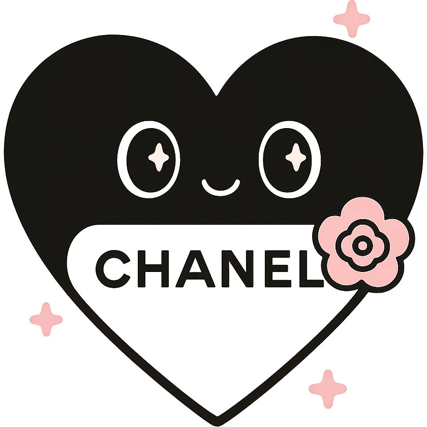 Chanel heart, cute, black and white, with a small camellia flower emoji