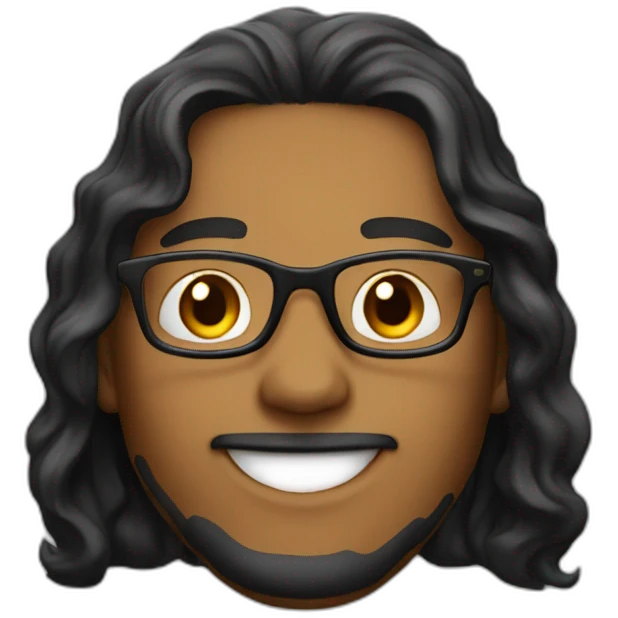 Caramel smiling guy, black eyes, black long wavy hair, no facial hair, thin long nose, round glasses, black t shirt emoji