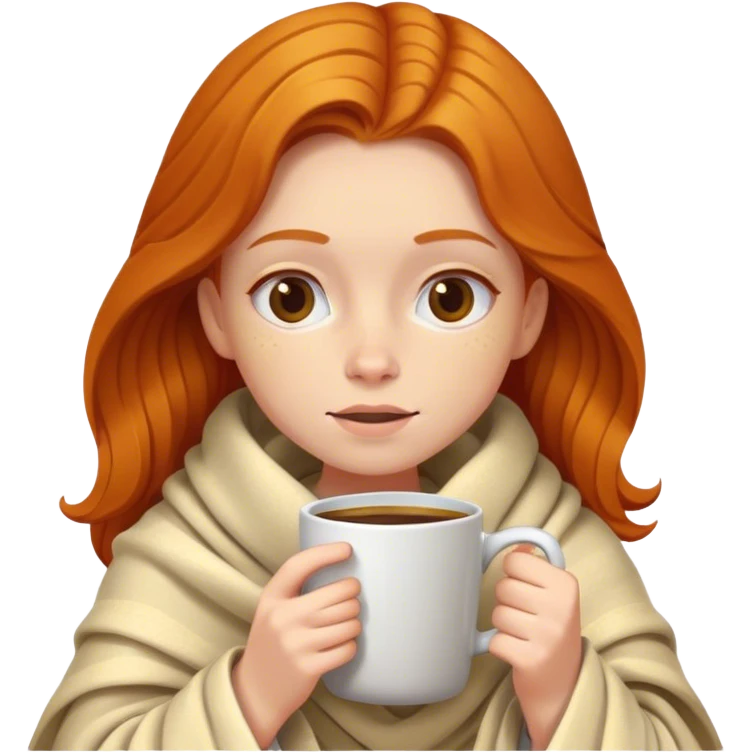 Ginger girls covered in a blanket drinking coffee from her mug  emoji