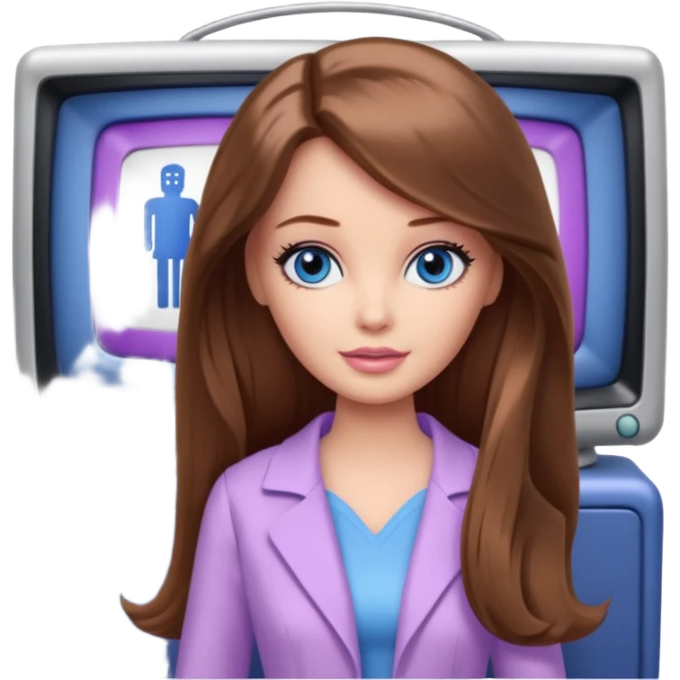 beautiful barbie girl with long brown hair, blue eyes and wearing light purple clothes watching tv show doctor who emoji