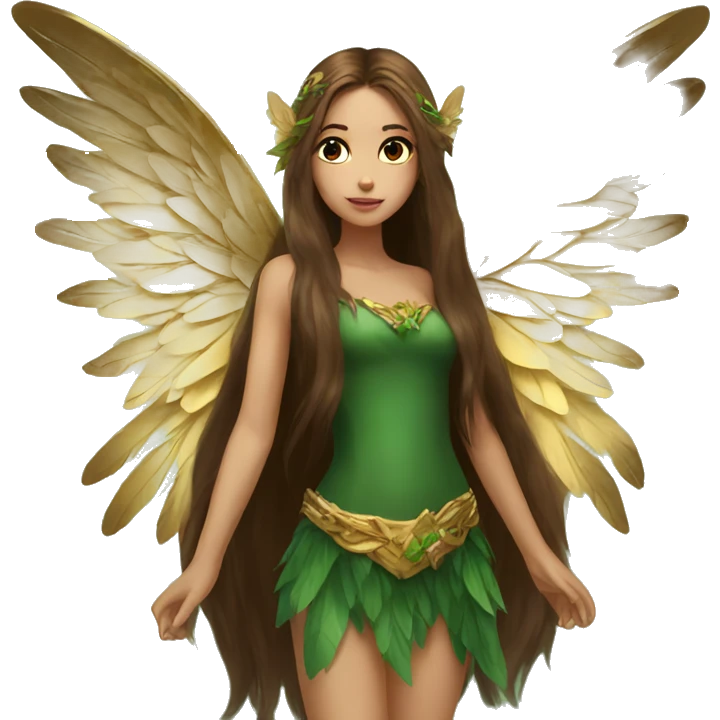 big wings, Beautiful, fairy, gold, brown, dark green, green, long hair emoji