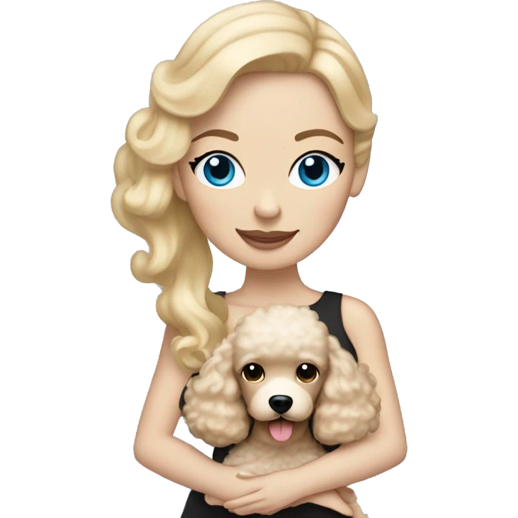 woman with straight blonde hair and blue eyes is holding a cream poodle  emoji