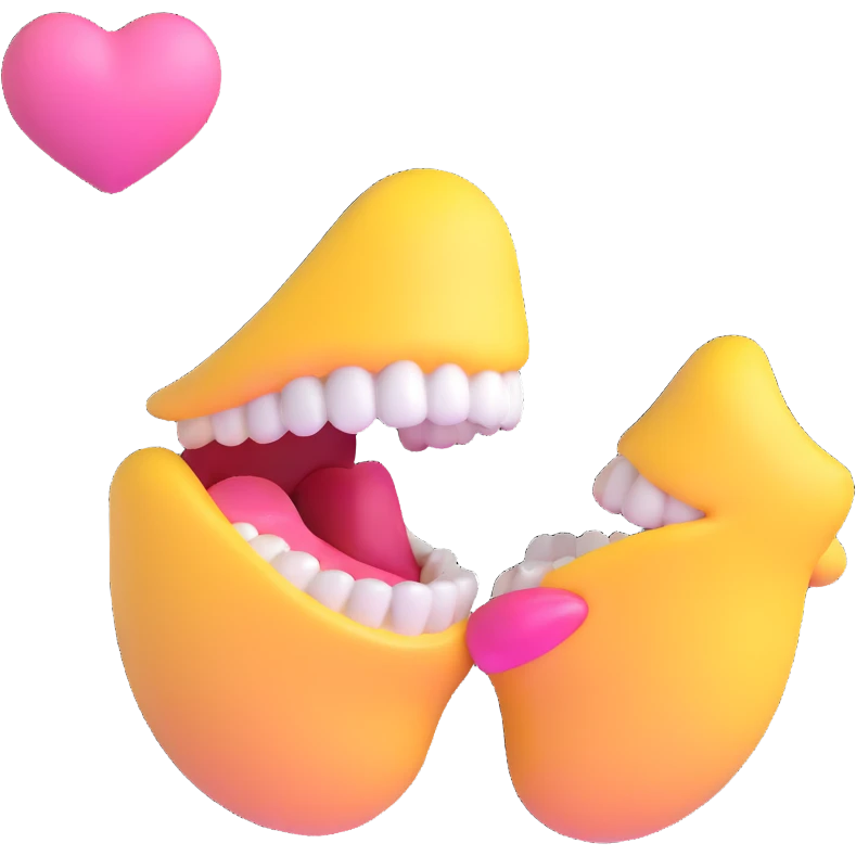 kissing emoji with a yellow bone in its mouth, bone has a pink tip emoji