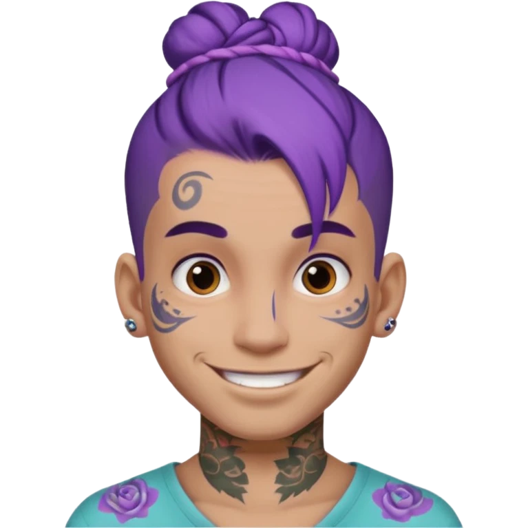 purple hair bun and lots of face tattoo guy emoji