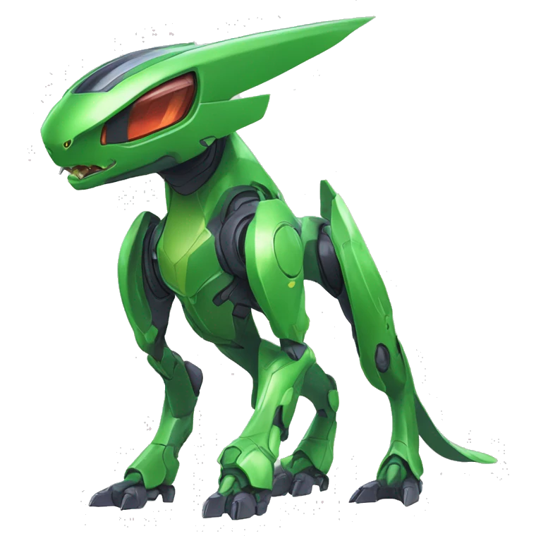 a shiny green Genesect-Raptor-Fakémon—hybrid with a futuristic visor-helmet full body emoji