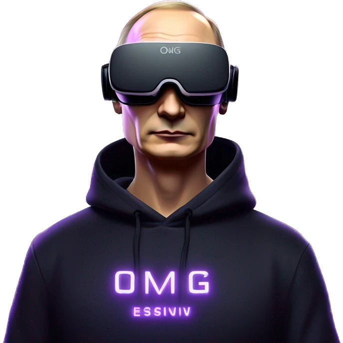 Vladimir Putin wearing a black hoodie with "OMG" letters on it and VR headset oculus quest 2 in a cyberpunk VR environment with violet neon lighting. emoji