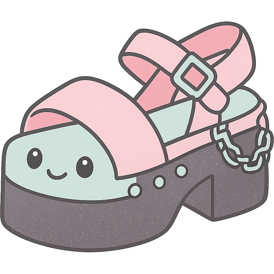 Add a subtle glitter effect to the black-to-pastel pink gradient platform sandals with silver studs and chains, kawaii style, no socks, no hearts, transparent background emoji