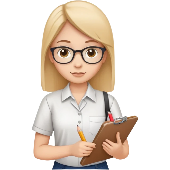 intern or volunteer holding a clipboard and pencil, ready to take notes or assist. The character wears a simple shirt and has an eager posture emoji